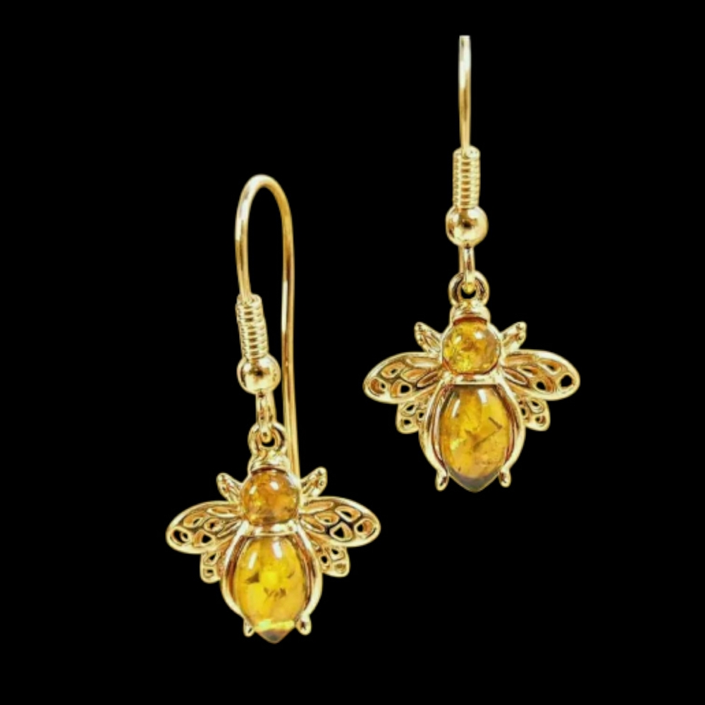 Gold Bee Drop Earrings with Amber Stones